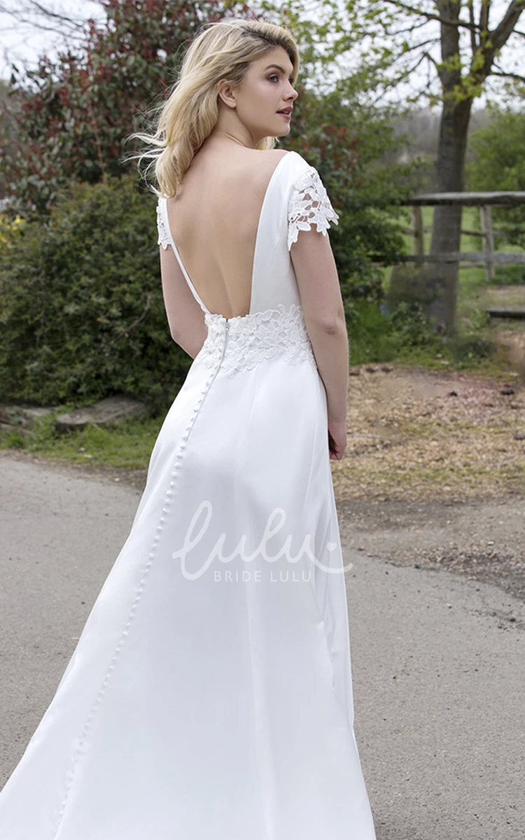 Satin Plunging V-neck Wedding Dress with Floral Cap Sleeves and Appliques