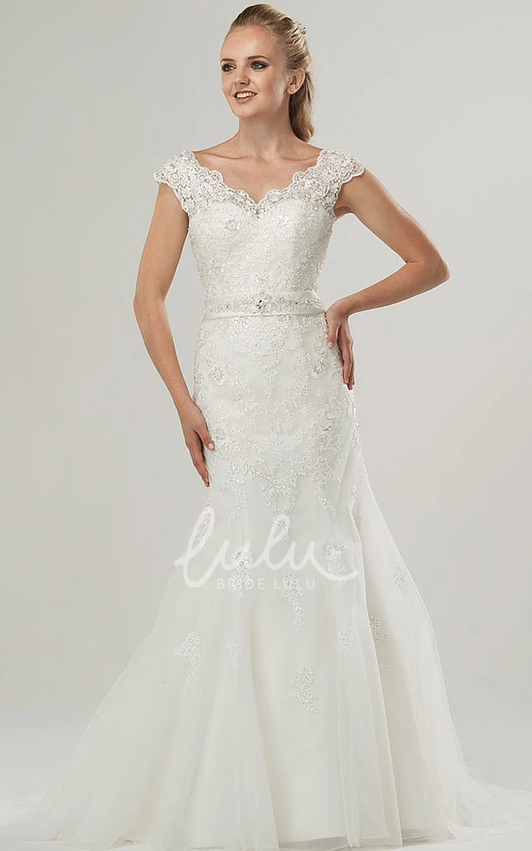 Cap-Sleeve Jeweled Lace Wedding Dress with V-Neck Sheath Bridal Gown