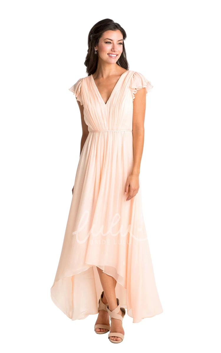 Cap Sleeve V-Neck Chiffon Bridesmaid Dress in Muti-Color High-Low Style