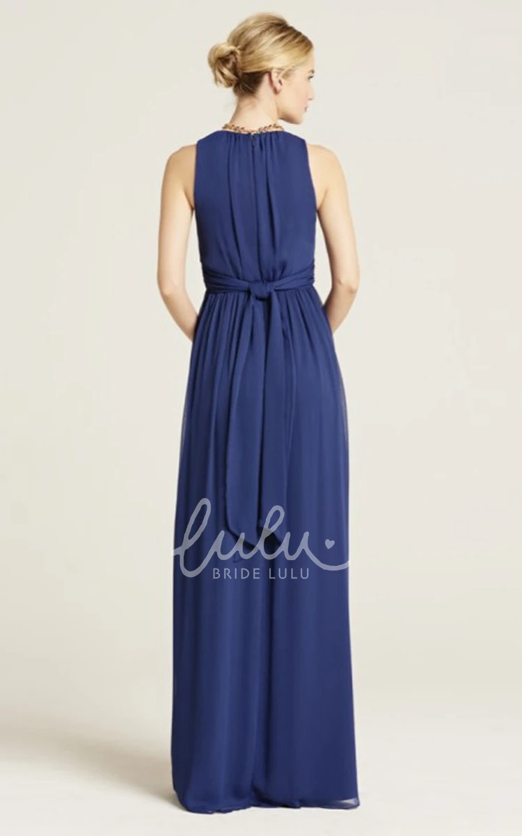 Beaded High Neck Chiffon Bridesmaid Dress with Bow Floor-Length