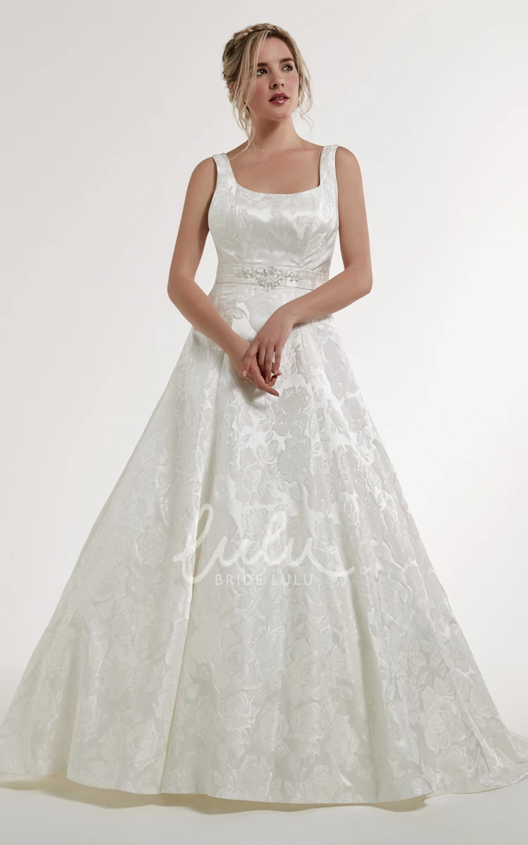 Square Neck Sleeveless Satin A-Line Wedding Dress with Beading and Court Train