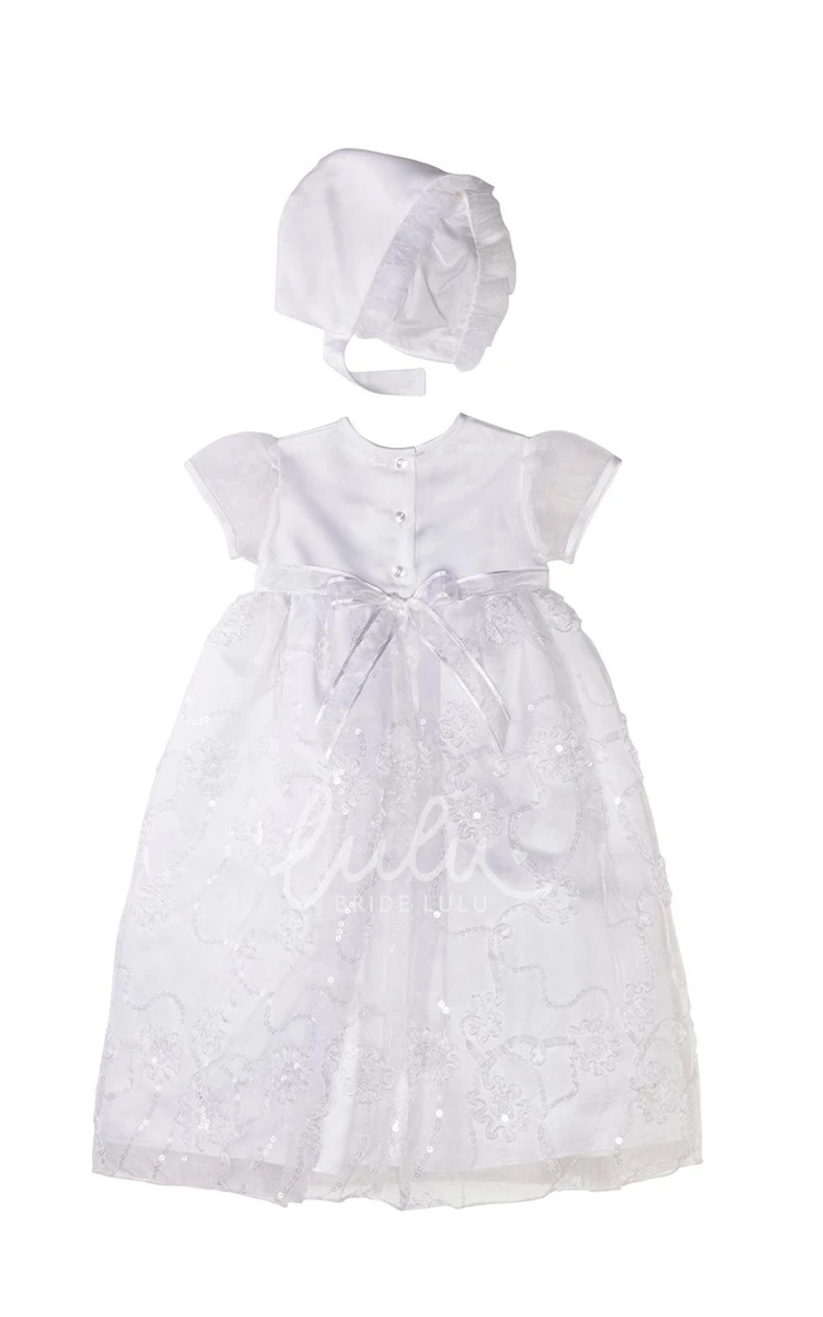 Short Sleeve Christening Gown with Sash Simple Baptism Dress for Girls