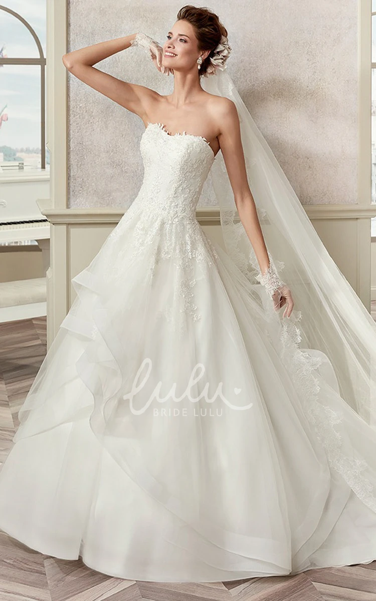 Asymmetrical Ruffles Strapless A-line Wedding Gown with Ruching and Appliques Chic Bridal Gown