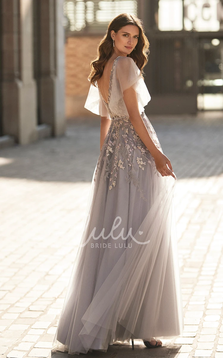 Bohemian Tulle V-neck A-Line Evening Dress Flowy Beach Wedding Dress
