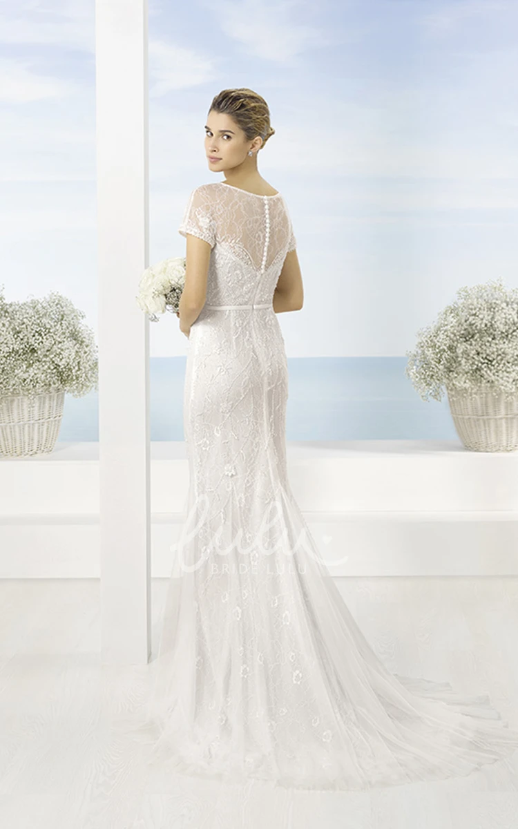Scoop Neckline Lace Tulle Wedding Dress with Short Sleeves Classy Wedding Dress