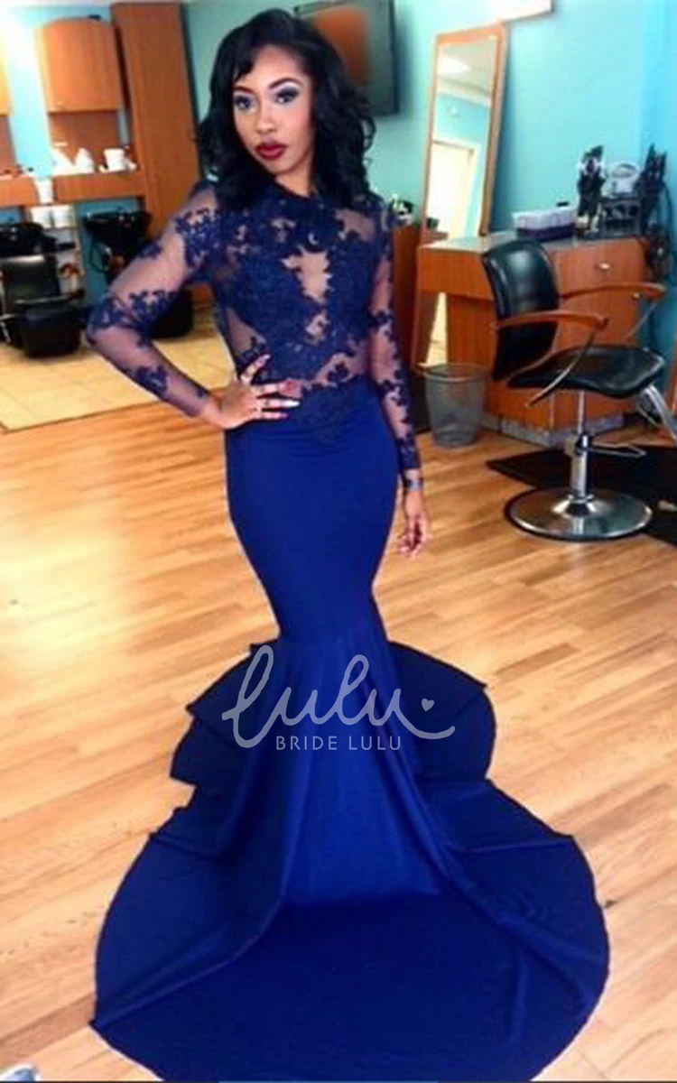 Long Sleeve Royal Blue Lace Applique Bridesmaid Dress