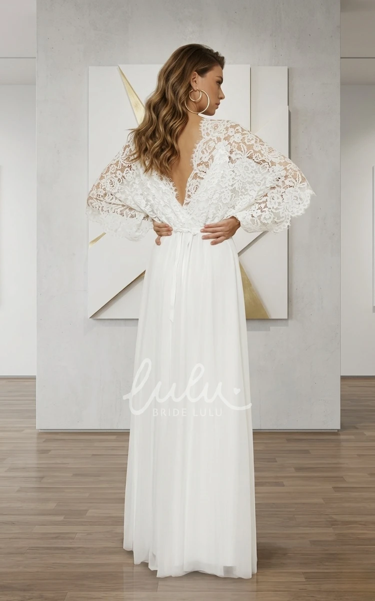 V-neck Boho Lace Sheath Ethereal Bat Sleeve Floor-length Bride Summer Wedding Dress Destination