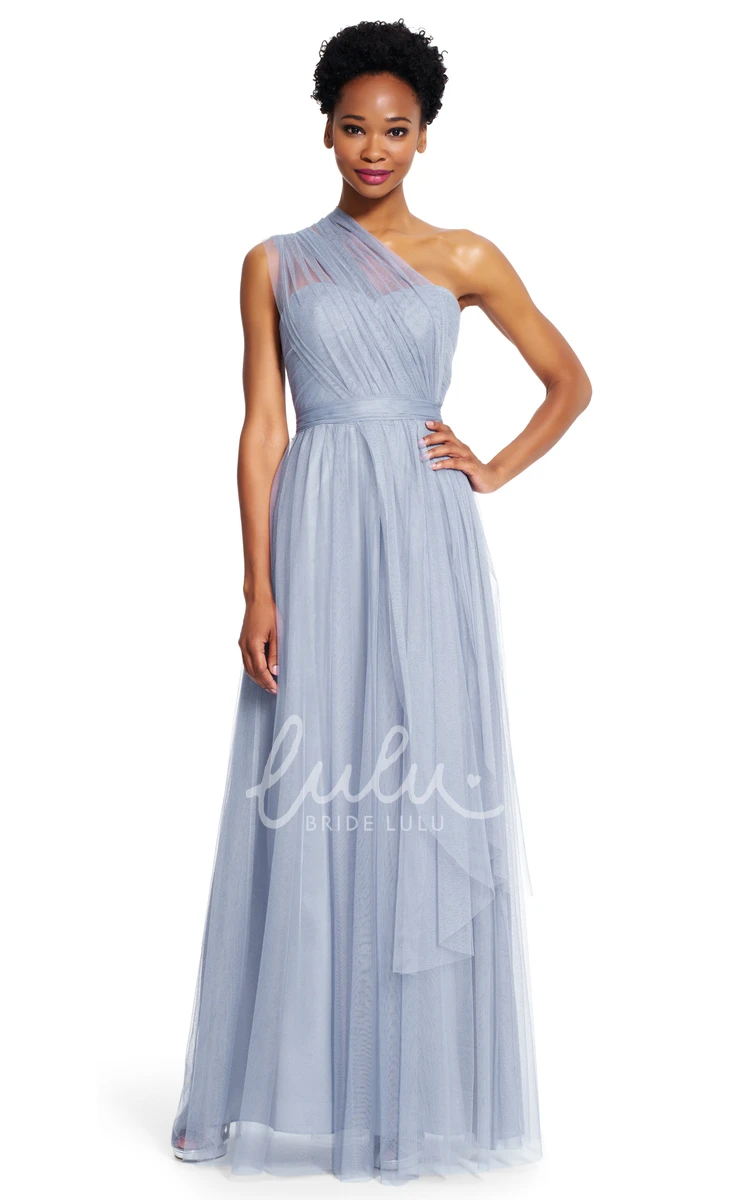 A-Line Ruched Tulle Bridesmaid Dress with Sash Maxi Sleeveless