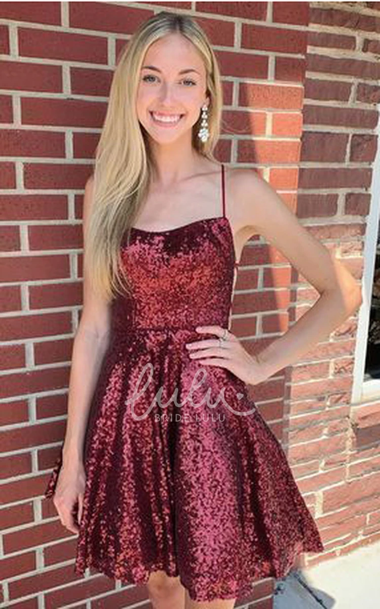 Cross Back Sequin A-Line Homecoming Dress with Spaghetti Neckline Adorable & Short