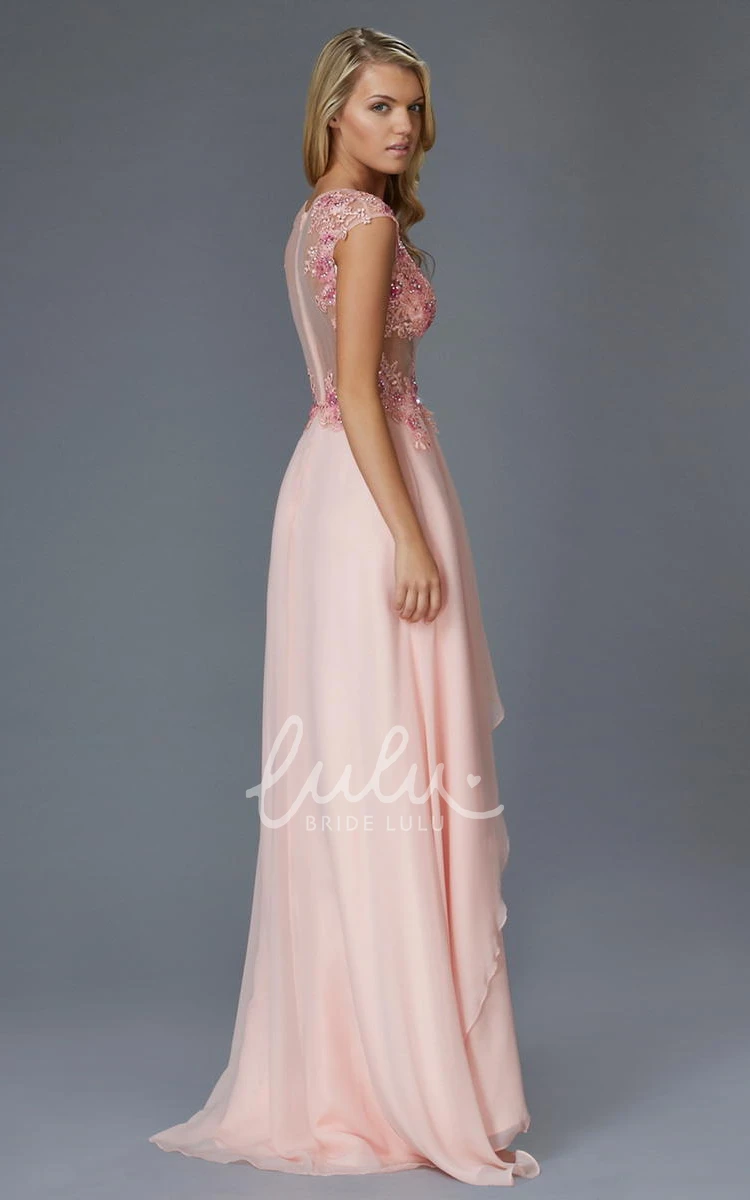 A-Line Chiffon Applique Formal Dress with Cap Sleeves and Illusion Neckline