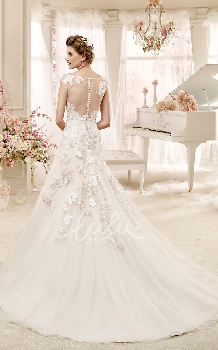 Cap sleeve Illusion Wedding Gown with Appliques and Court Train Illusion Cap Sleeve Wedding Dress with Court Train