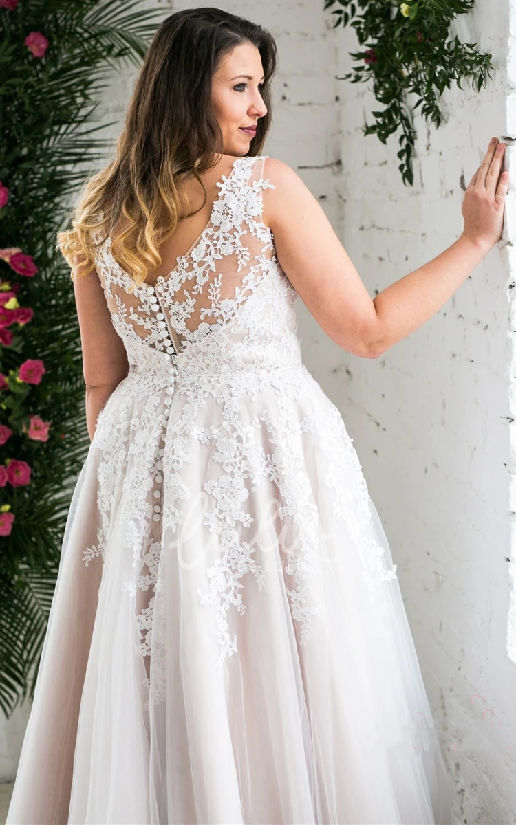 Simple Tulle A Line Wedding Dress with Plunging Neckline and Appliques Sweep Train