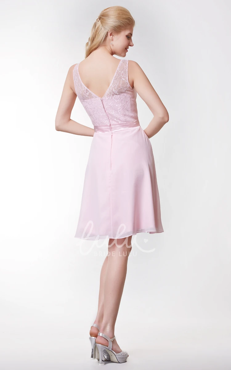 Lace V Neck Bridesmaid Dress with Chiffon Skirt