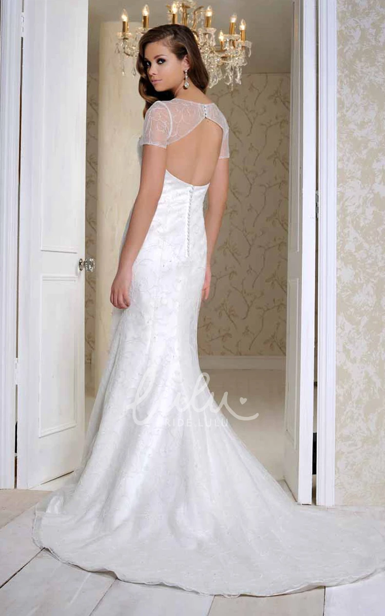 Beaded Satin Wedding Dress with V-Back and Court Train Modern Bridal Gown