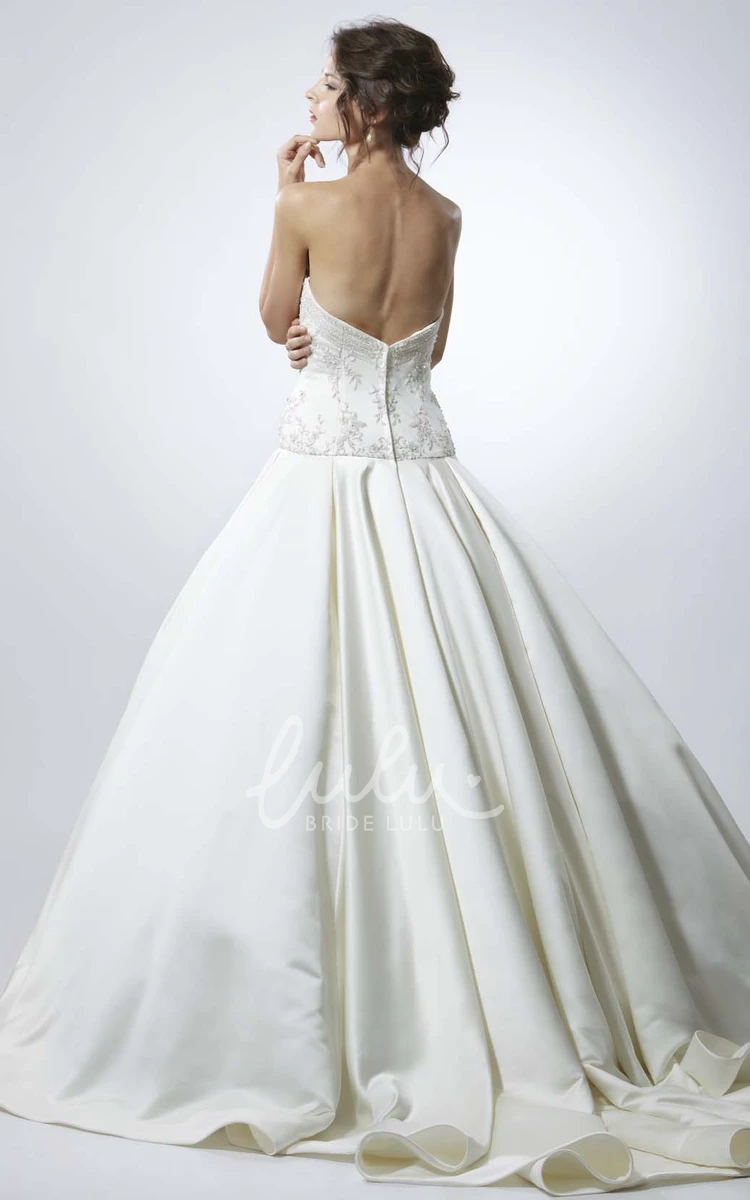Sweetheart Beaded Satin Wedding Dress with Brush Train Classic Bridal Gown