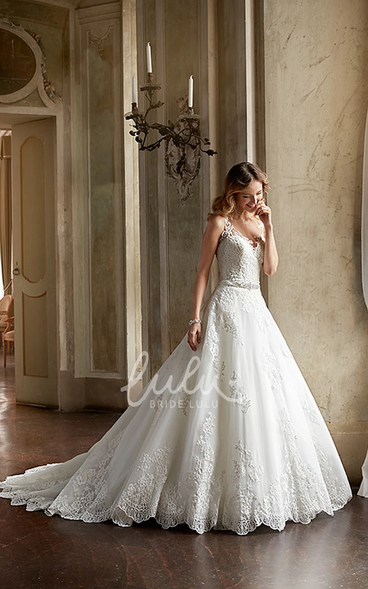 A-Line Lace Wedding Dress with Scoop-Neck Sleeveless and Waist Jewelry Chic Bridal Gown