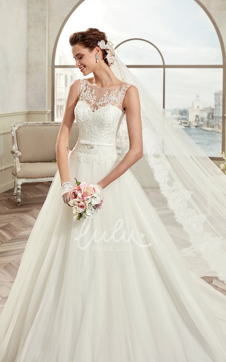 A-Line Bridal Gown with Puffy Skirt and Illusive Design Cap Sleeves