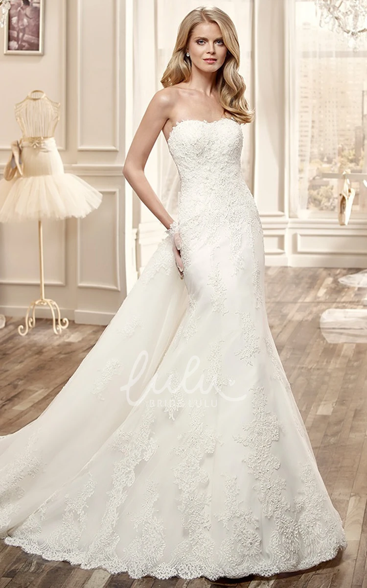 Lace Strapless Wedding Dress with Low Back and Chapel Train Romantic Bridal Gown