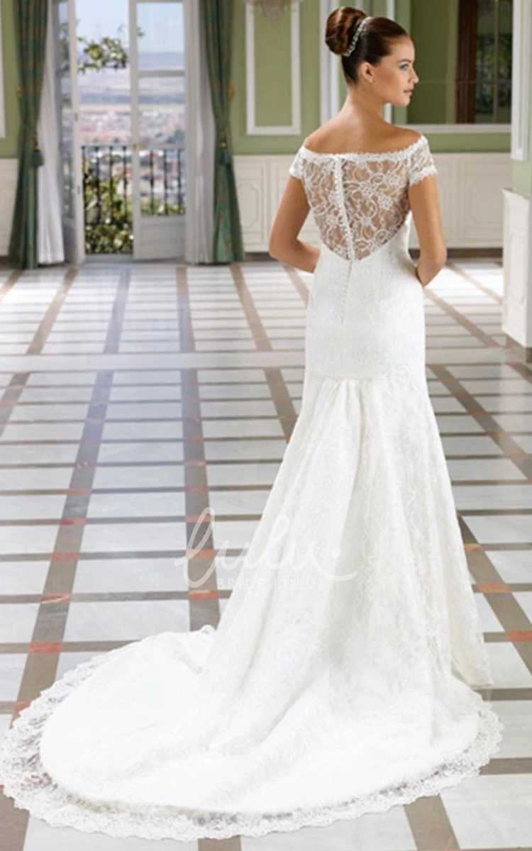 Short-Sleeve Illusion Lace Wedding Dress with V-Neck Sheath