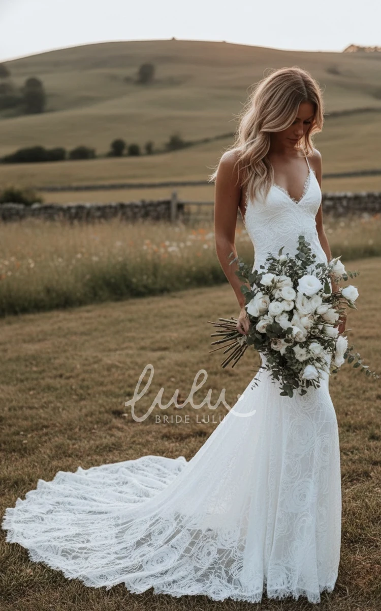 Mermaid Sexy Spaghetti V-neck Vintage Lace Flowers Backless Spring Wedding Dress with Train