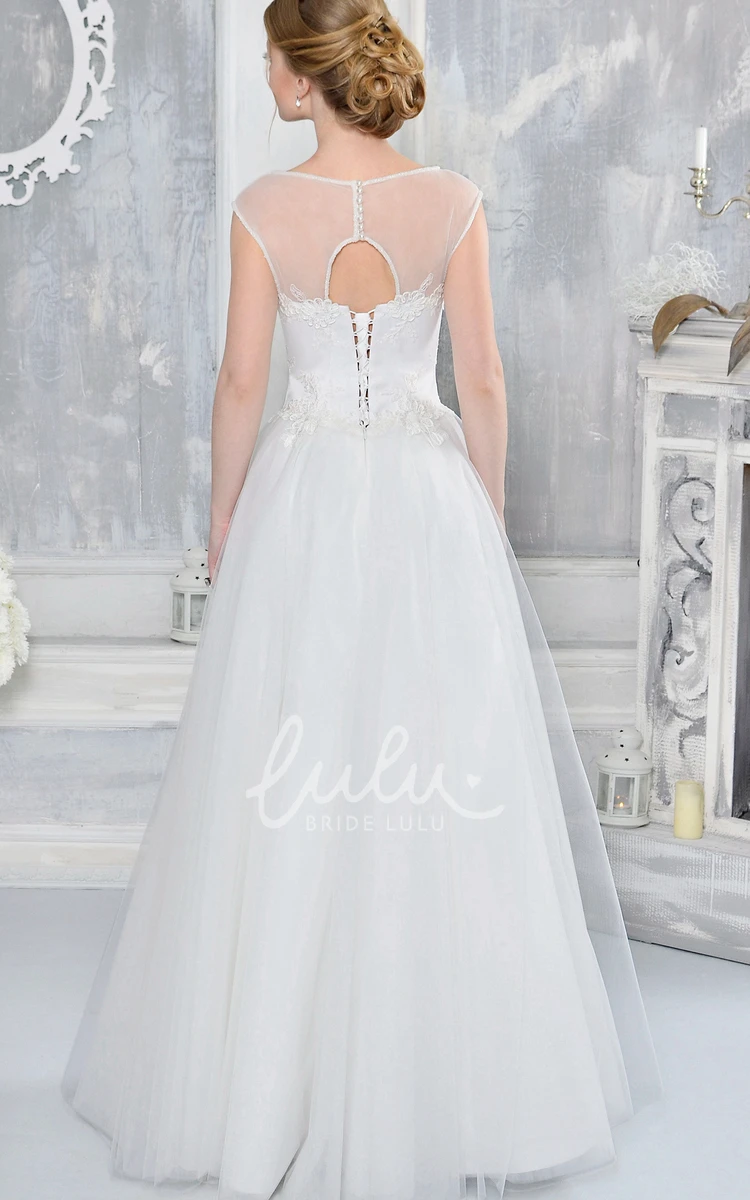 Bateau-Neck Tulle A-Line Wedding Dress Sleeveless Floor-Length Bridal Gown with Appliques