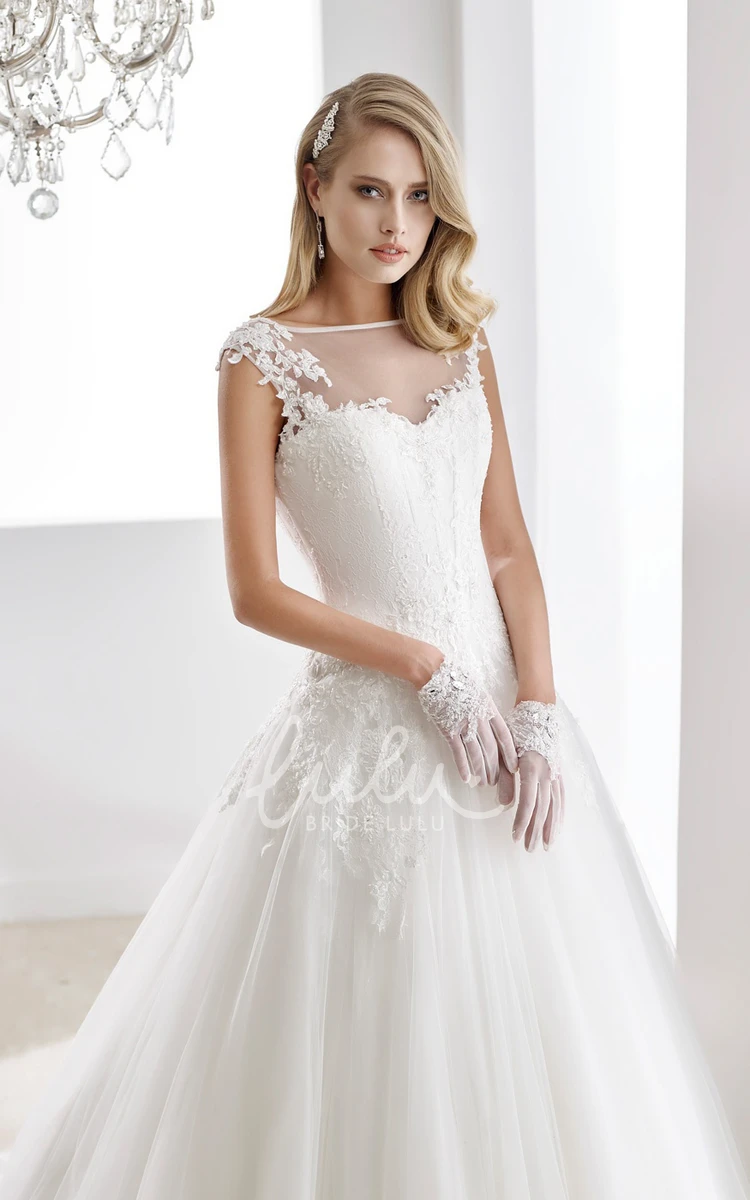 Illusion A-Line Wedding Gown with Appliques and Brush Train Cap Sleeve