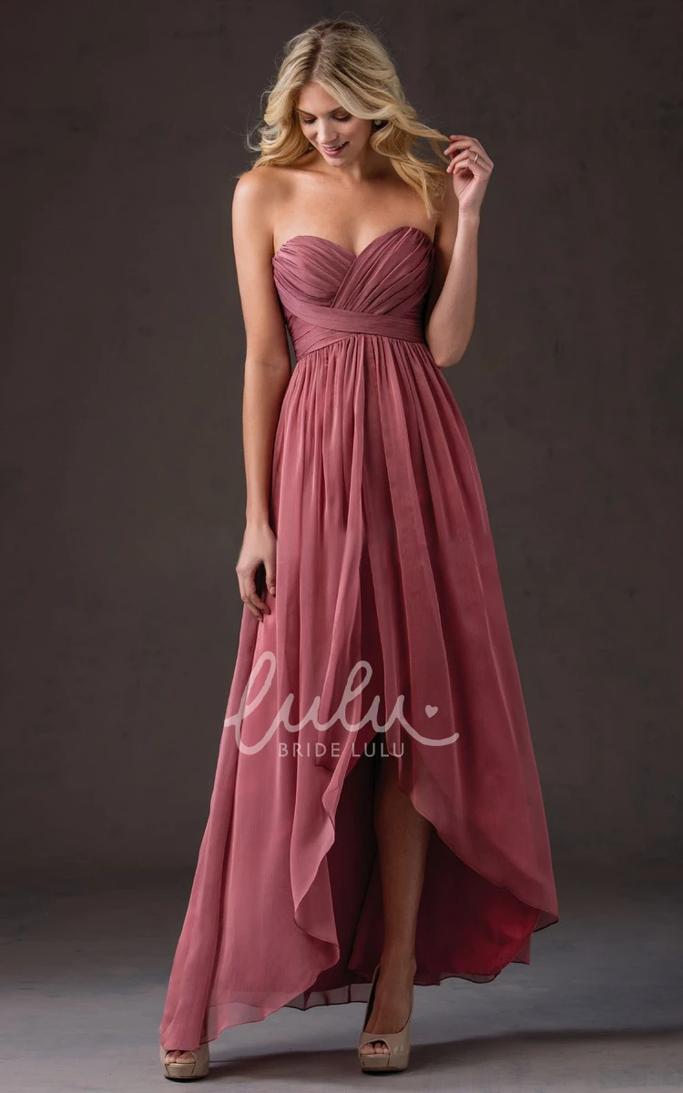 High-Low Gown with Sweetheart Neckline and Crisscrossed Ruches Flowy Bridesmaid Dress