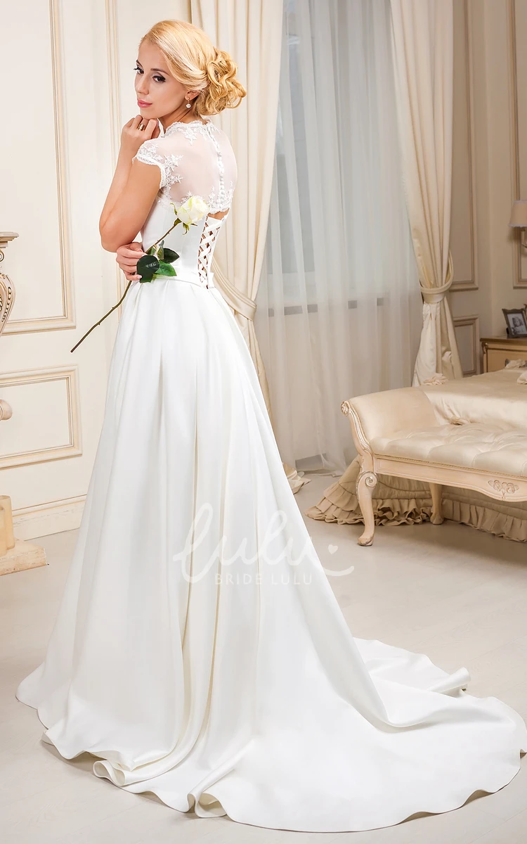 Appliqued Satin High-Neck Wedding Dress Floor-Length Cap-Sleeve