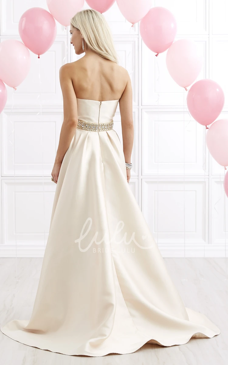 Sweetheart A-Line High-Low Satin Dress with Waist Jewelry Formal Dress