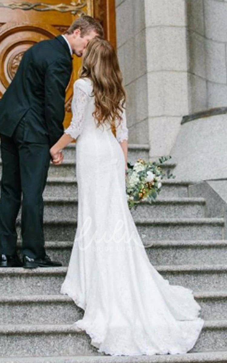 Modest Court Train Sheath Wedding Dress with V-Neck and 3/4 Sleeves