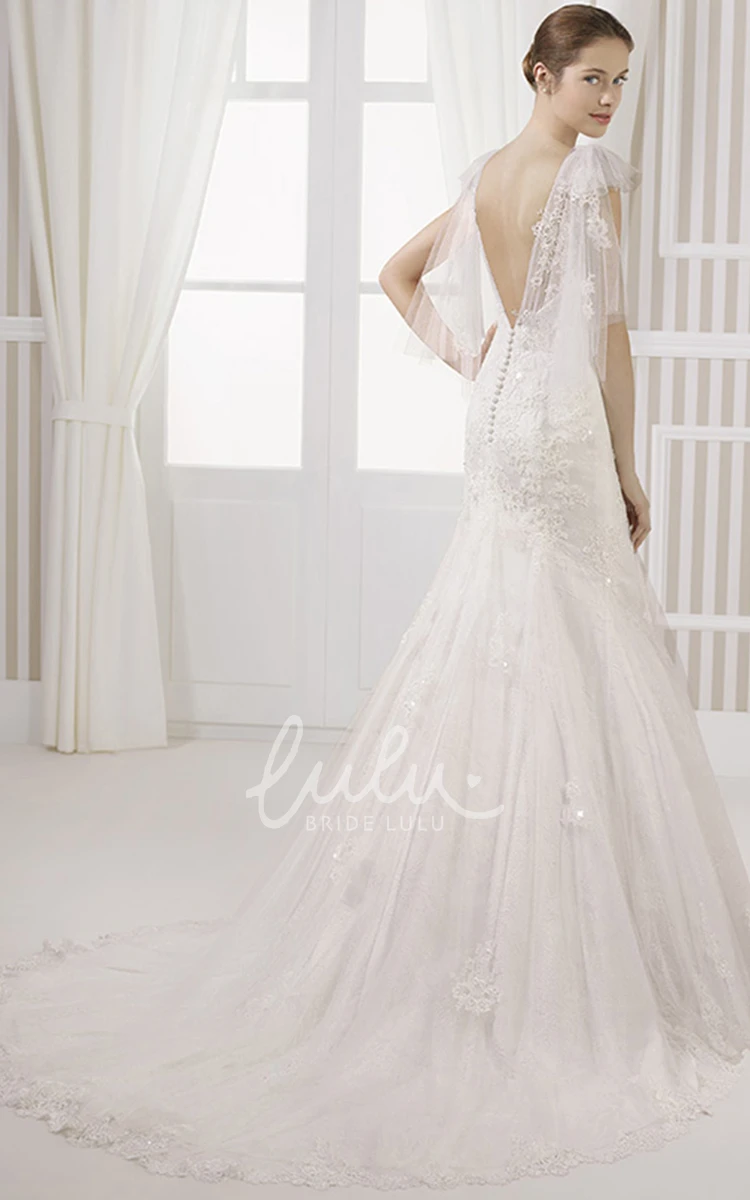 Poet-Sleeve Lace Sheath Wedding Dress with Deep-V Back and Court Train