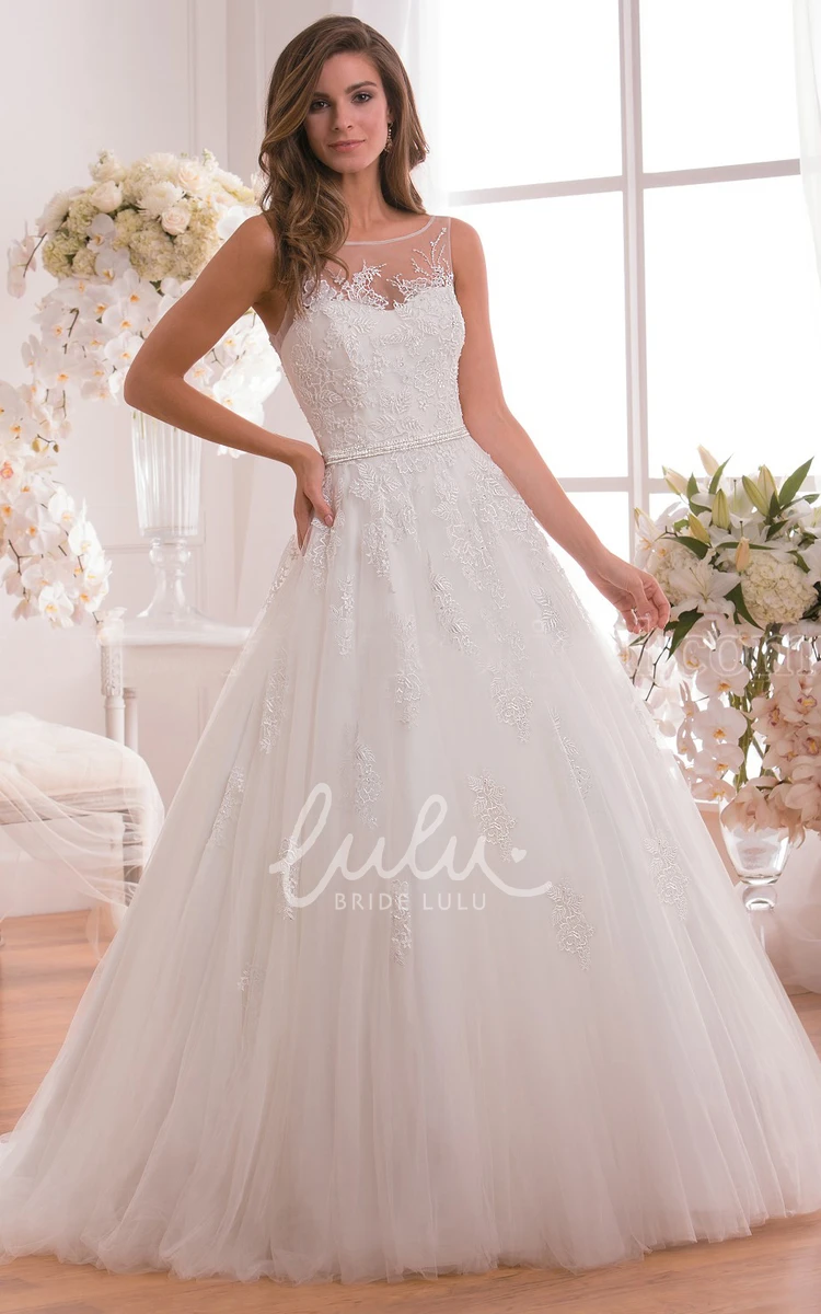 A-Line Wedding Dress with Floral Appliques and Illusion Detail Bateau-Neck and Romantic