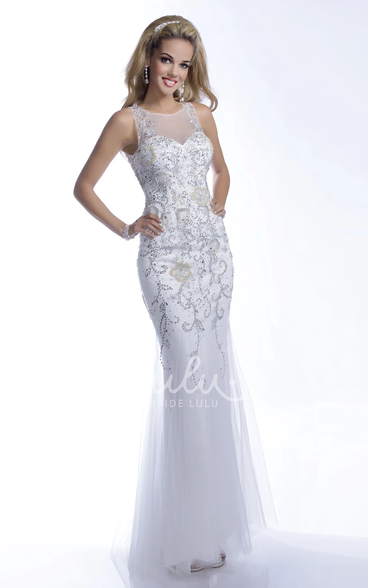 Illusion Back Tulle Trumpet Prom Dress Sleeveless and Sequined