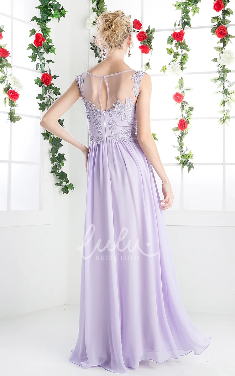 Scoop-Neck Sleeveless Sheath Dress with Appliques and Illusion in Chiffon Fabric