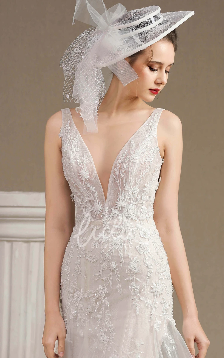 Lace Plunging Mermaid Appliqued Wedding Dress With Chapel Train Classy Elegant Bridal Gown