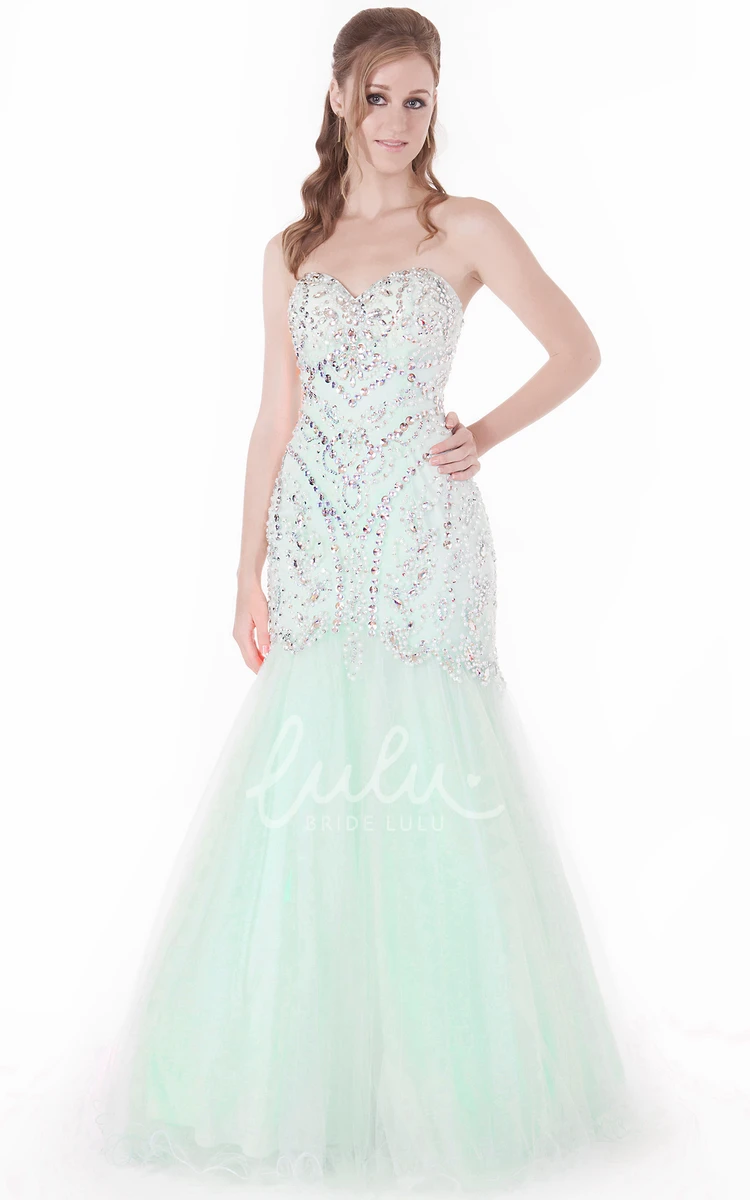 Beaded Sweetheart Trumpet Tulle Prom Dress Sleeveless Long