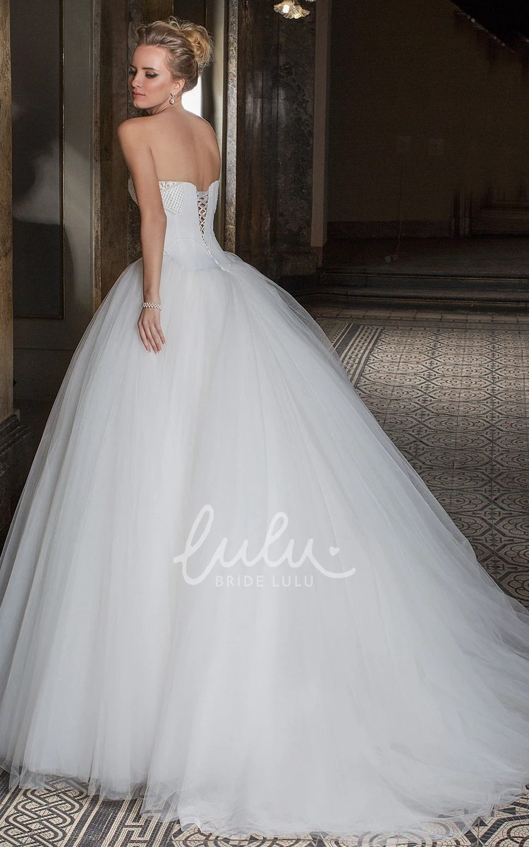 Sweetheart Beaded Tulle Wedding Dress with Brush Train Sleeveless Ball Gown