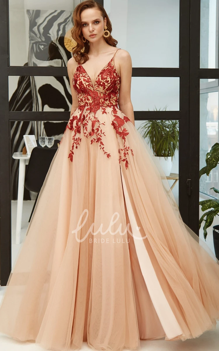 Modern Tulle A-Line Prom Dress V-neck Floor-length Open Back Appliques