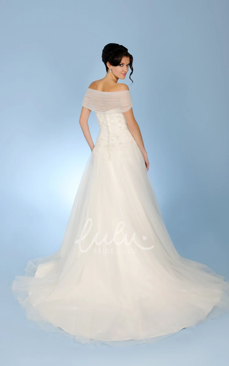 Strapless Appliqued Tulle Wedding Dress with Illusion Back and Court Train Ball-Gown Floor-Length