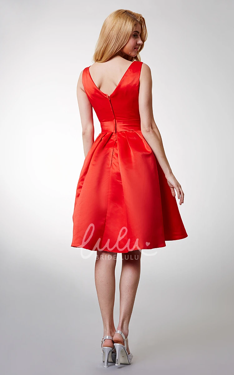 Knee-Length Satin Dress with A-Line Silhouette and Shiny Sash Detail