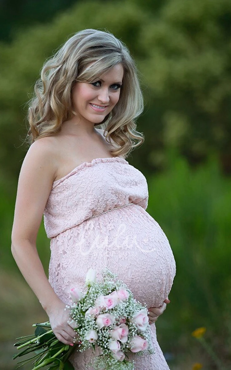 A-line Lace Strapless Sleeveless Maternity Bridesmaid Dress with Ruching