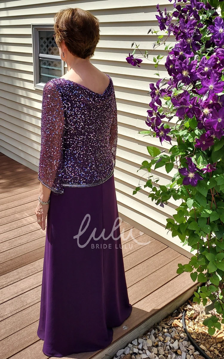 Simple A-Line Sequins Mother Of The Bride Dress with Illusion Sleeve and Low-V Back