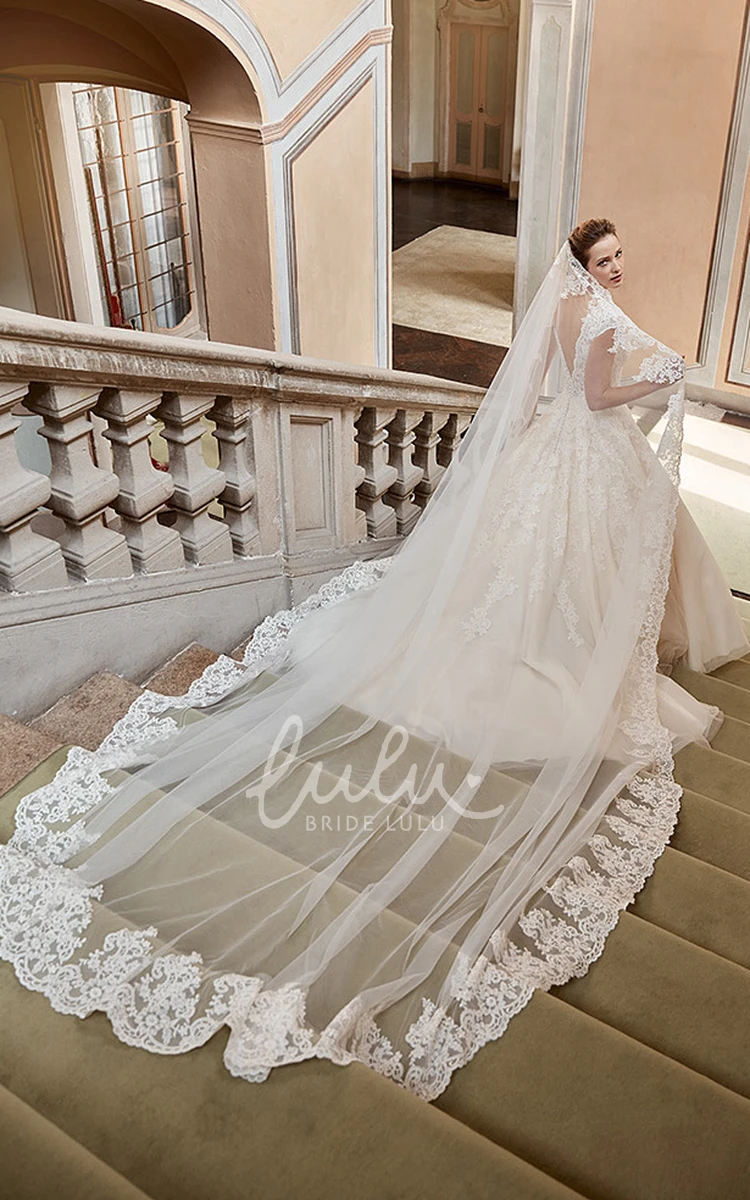 V-Neck Cap-Sleeve Lace Ball Gown Wedding Dress with Appliques