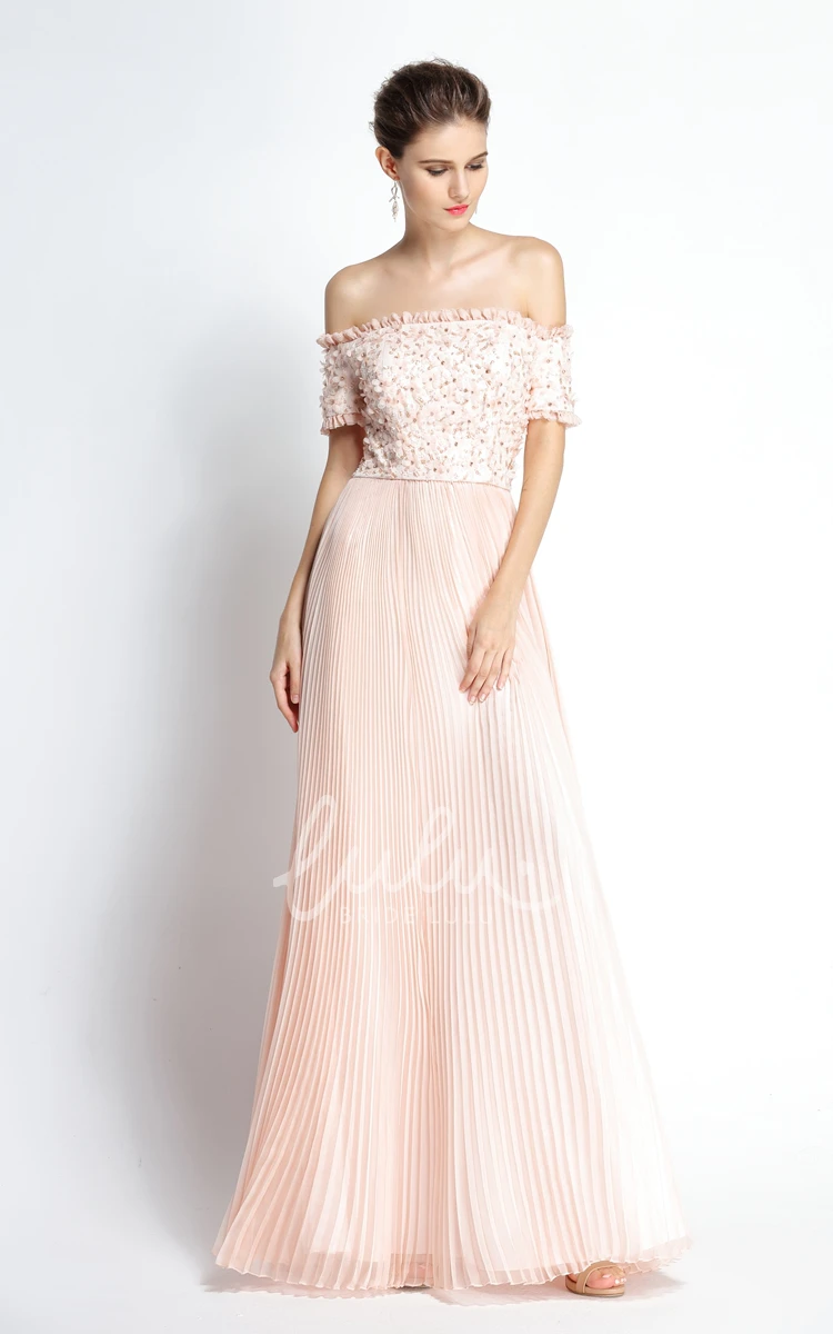 A-Line Off-the-shoulder Chiffon Prom Dress with Beading Knee-length Short Sleeve