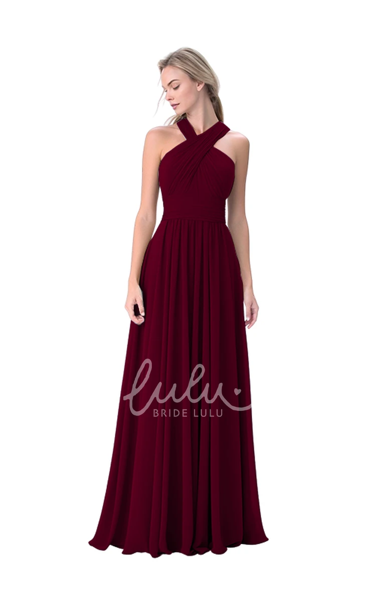 A-Line Chiffon Halter Neck Bridesmaid Dress with Ruching Classy Wedding Dress