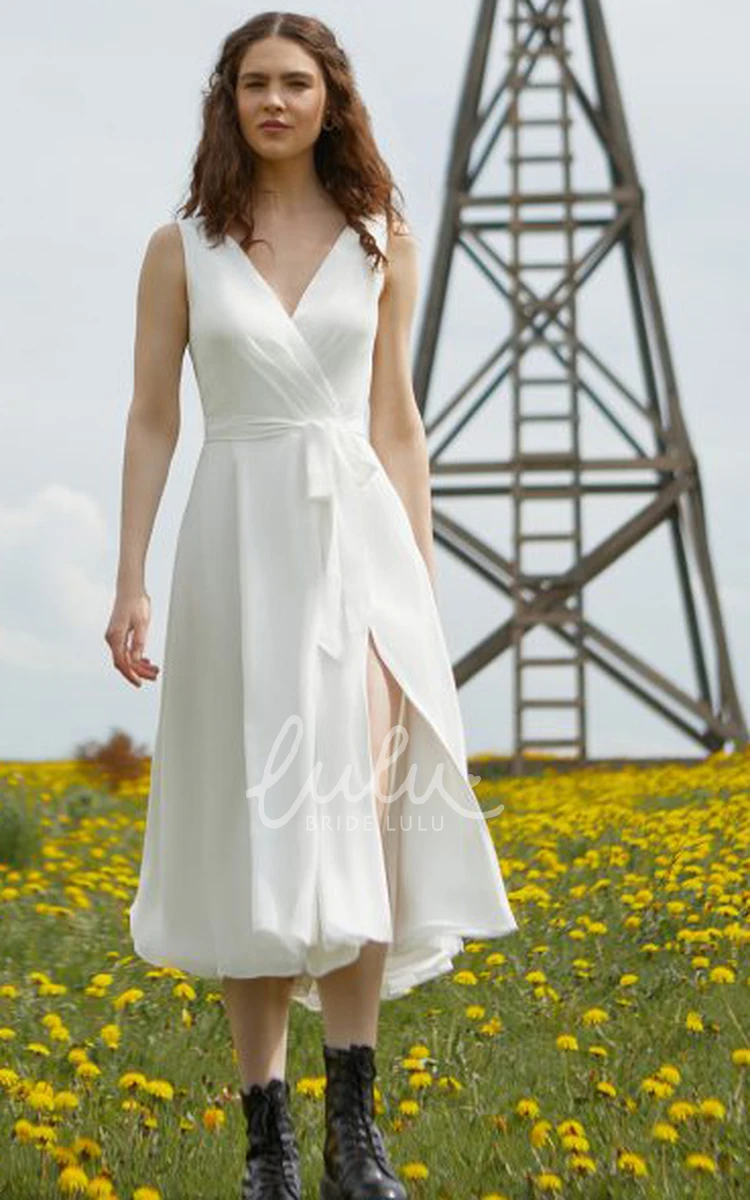 Vintage Chiffon Sleeveless A Line Wedding Dress with Tea-length and V-neck Boho Wedding Dress