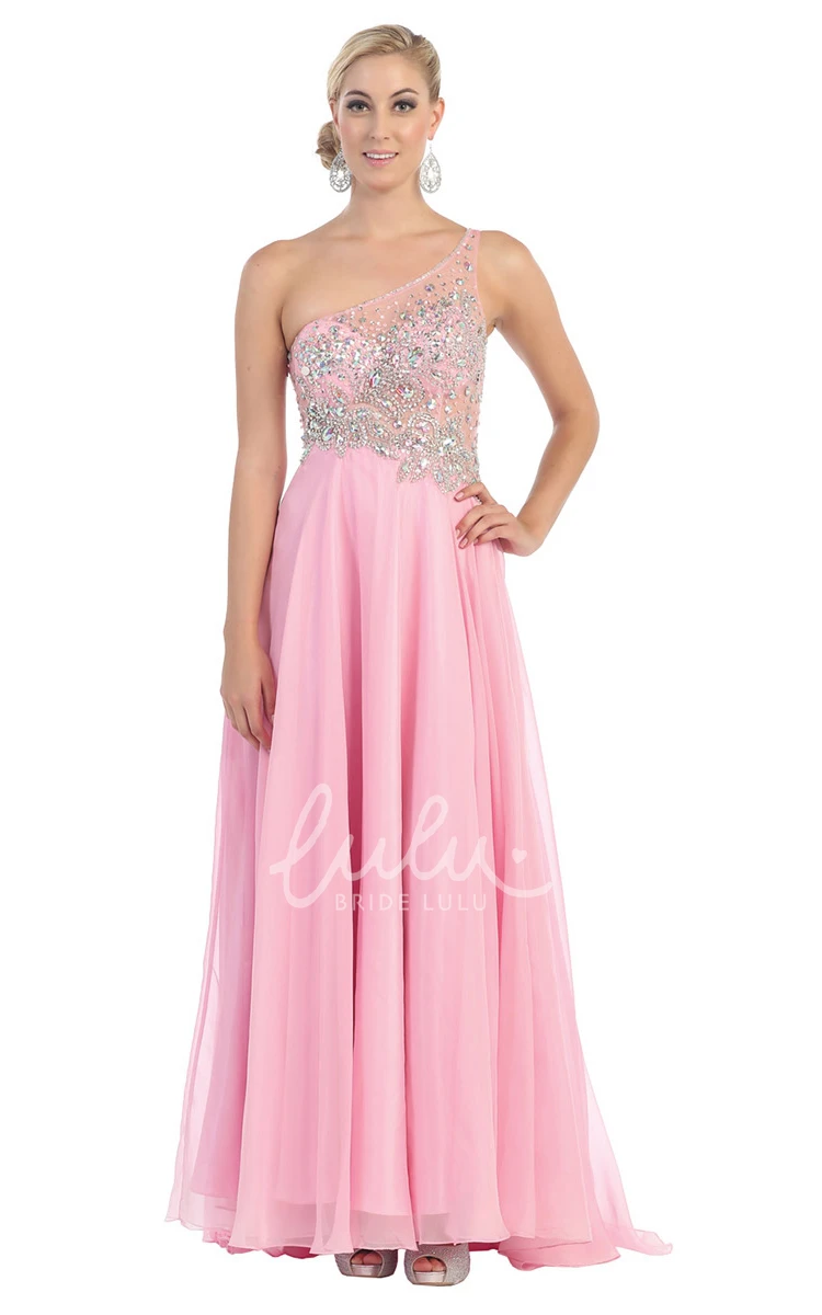 Illusion Tulle Prom Dress with Beading and Pleats A-Line Sleeveless One-Shoulder