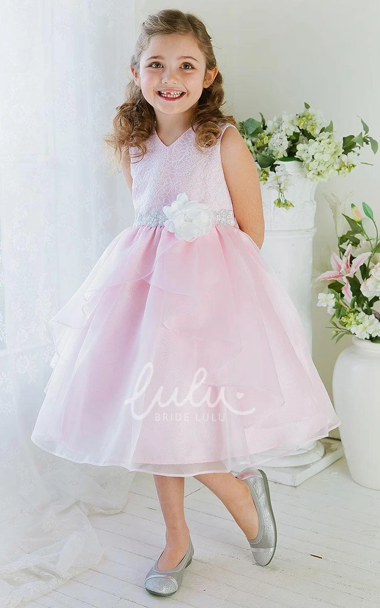 Lace Tea-Length Flower Girl Dress with Tiered Skirt