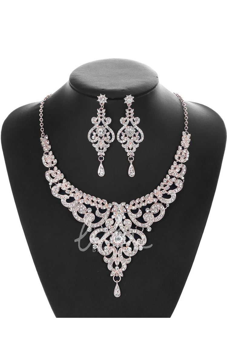 Trendy Rose Gold Rhinestone Necklace and Earrings Jewelry Set