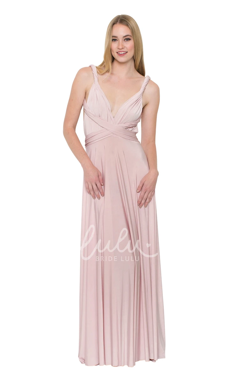 V-Neck Ruched Chiffon Bridesmaid Dress Floor-Length Sleeveless Convertible Multi-Color